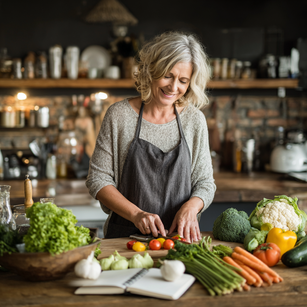 Middle-aged person planning healthy meals with fresh vegetables and notebook